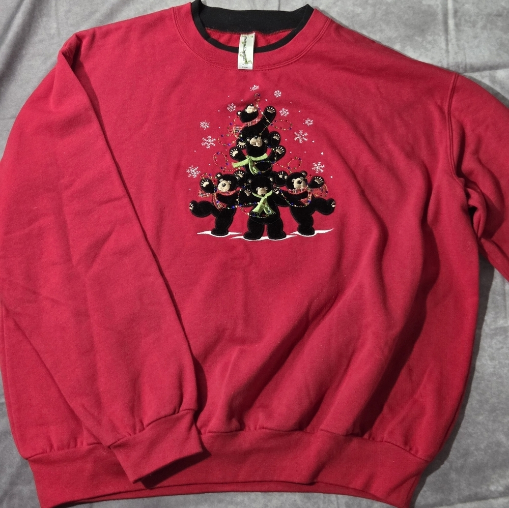 Decorated Originals Red Bears Xmas Tree Crewneck Sweatshirt Wm XL Grannycore EUC